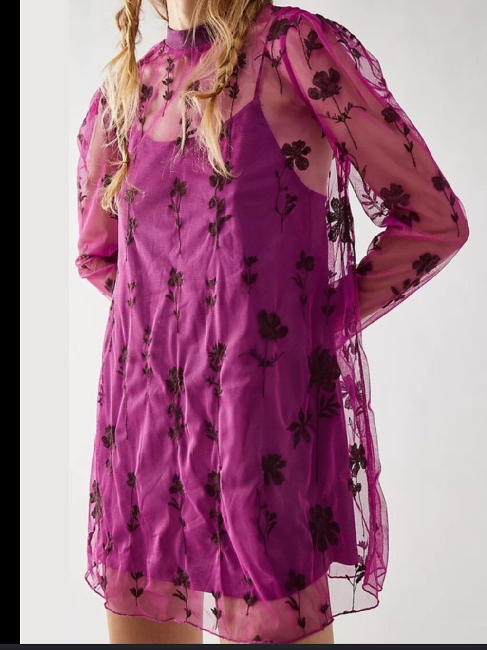 Free People Cecilia Sheer Floral Mini Dress - Magenta with Embroidery size S